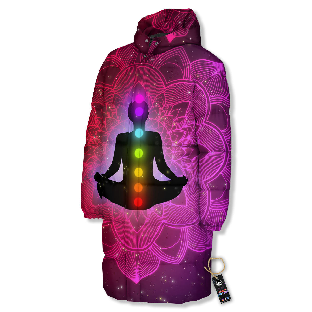 Aura Mandala Chakras Print Long Down Jacket-grizzshop