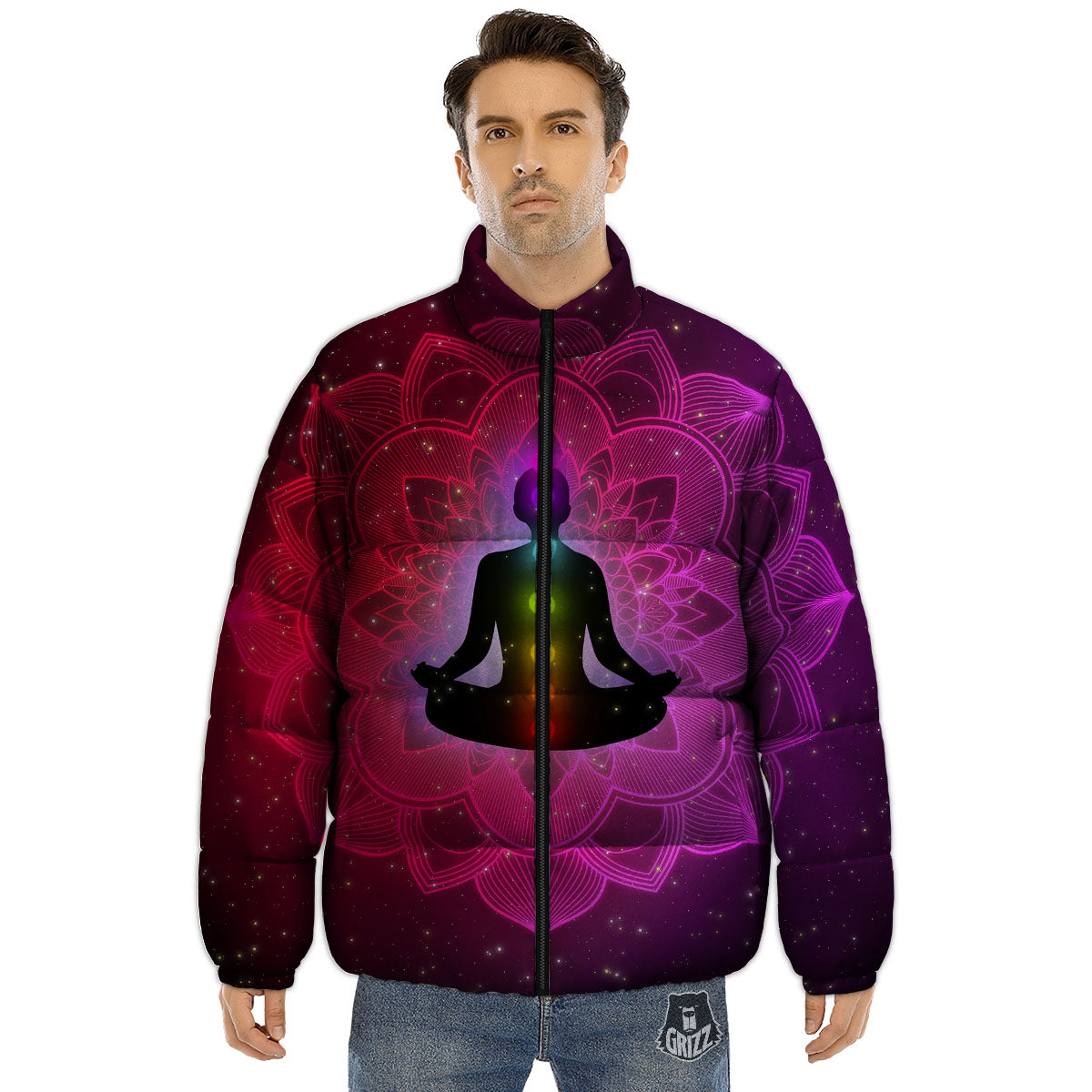 Aura Mandala Chakras Print Puffer Jacket-grizzshop