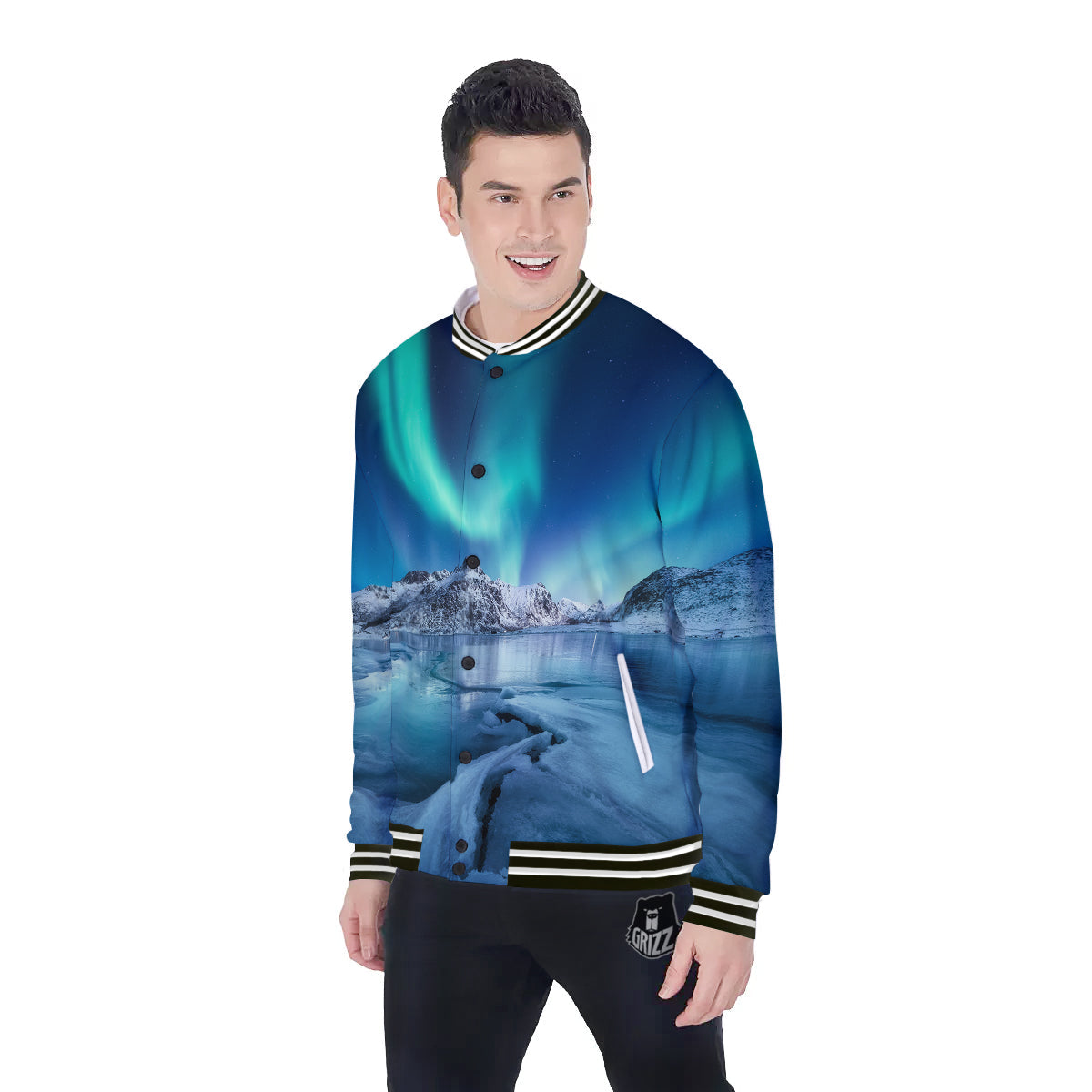 Aurora Borealis Blue Print Baseball Jacket-grizzshop