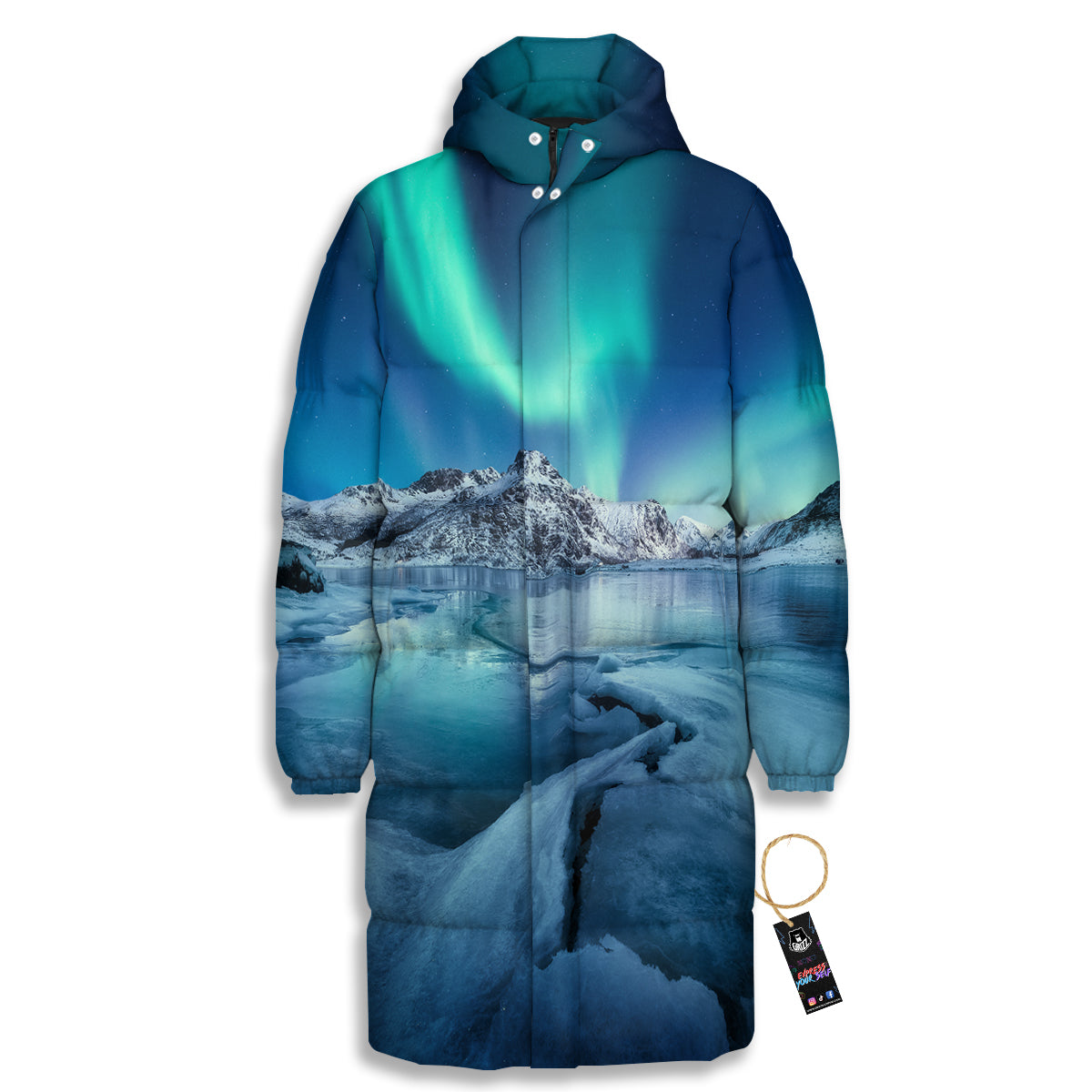 Aurora Borealis Blue Print Long Down Jacket-grizzshop
