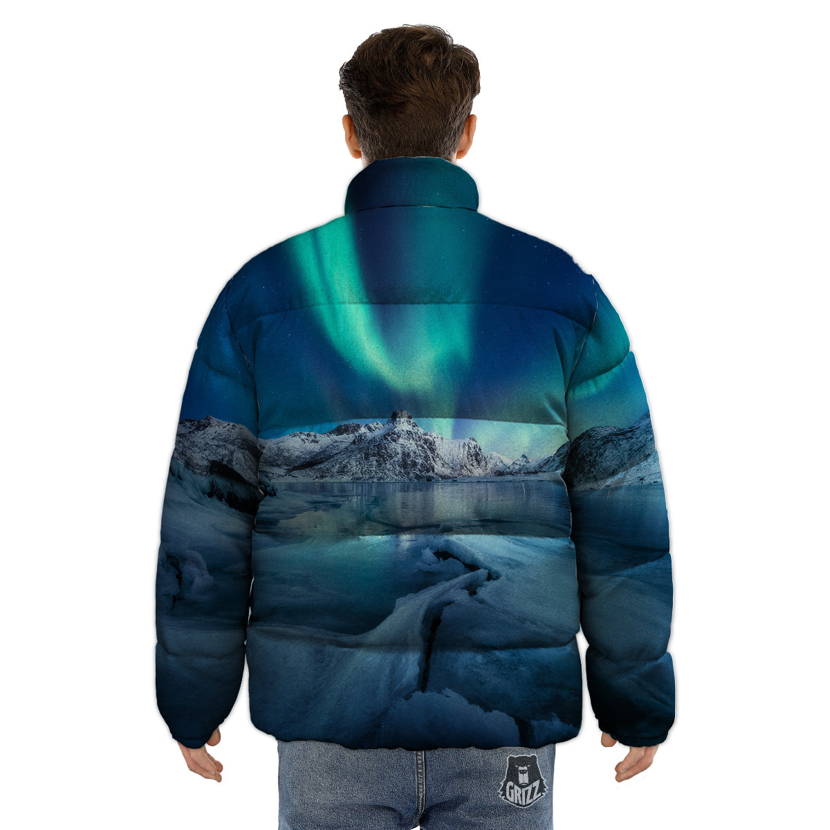 Aurora Borealis Blue Print Puffer Jacket-grizzshop