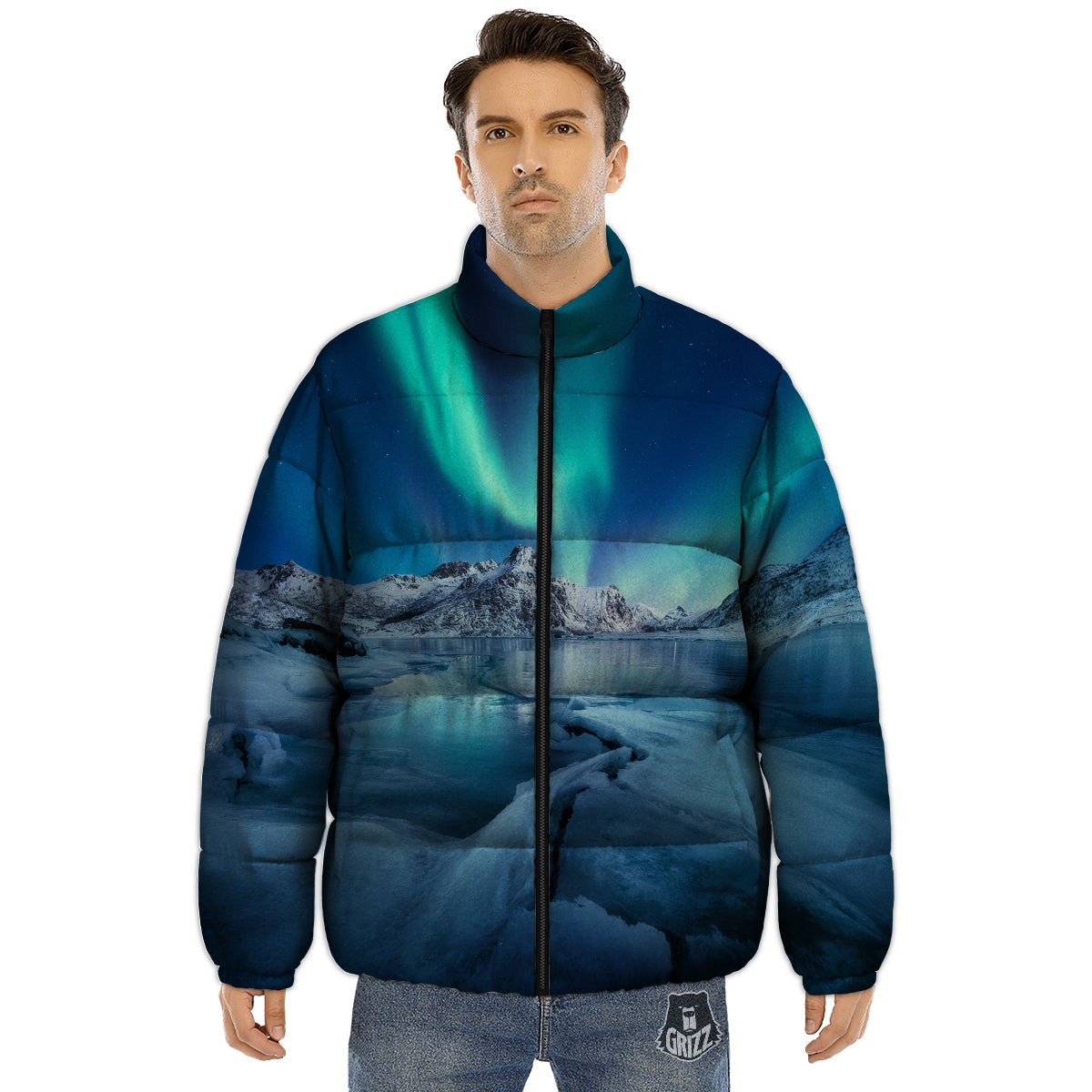 Aurora Borealis Blue Print Puffer Jacket-grizzshop