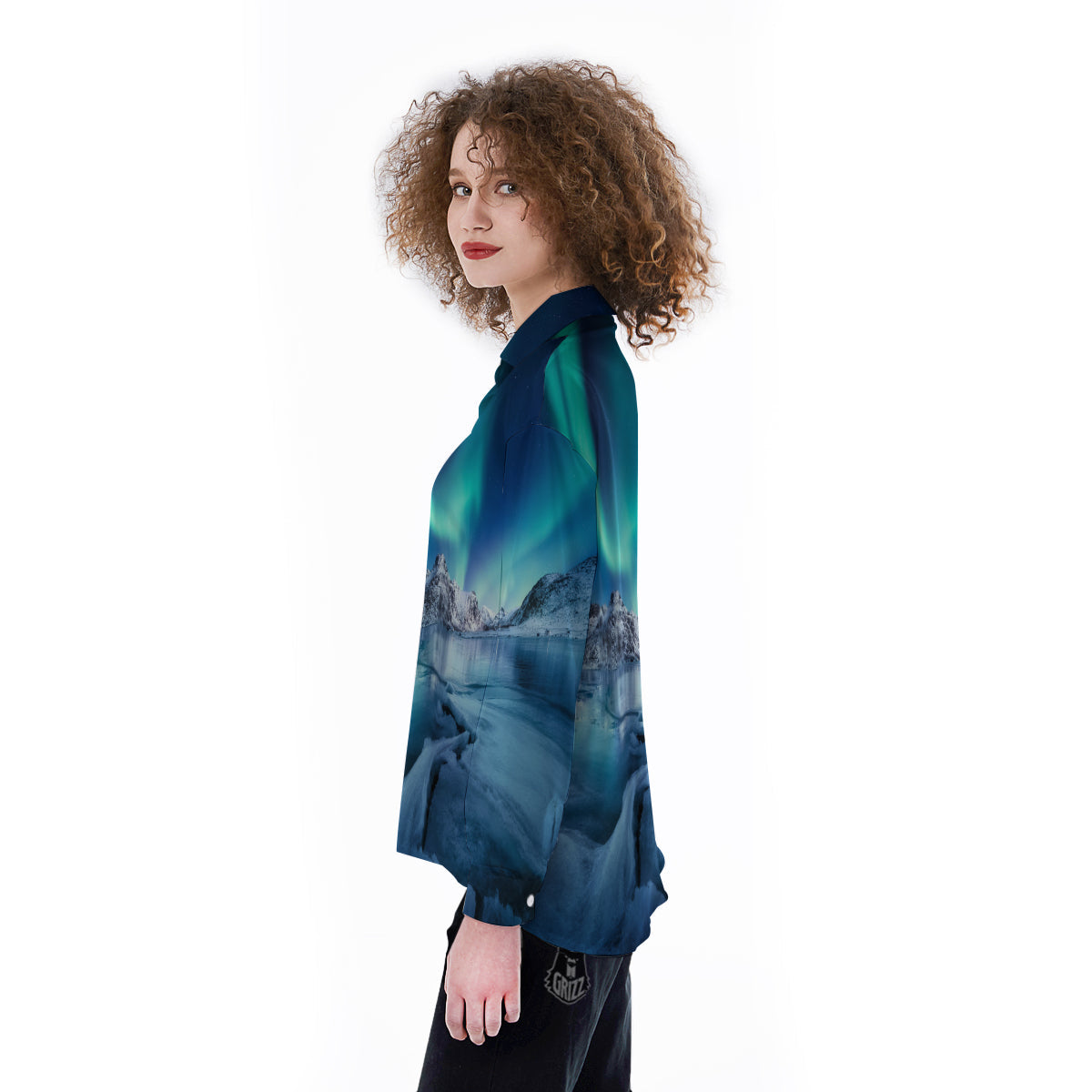 Aurora Borealis Blue Print Women's Long Sleeve Shirts-grizzshop
