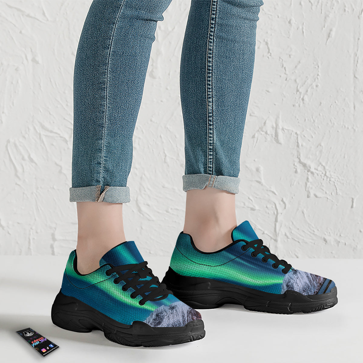 Aurora Green Northern Lights Print Black Chunky Shoes-grizzshop