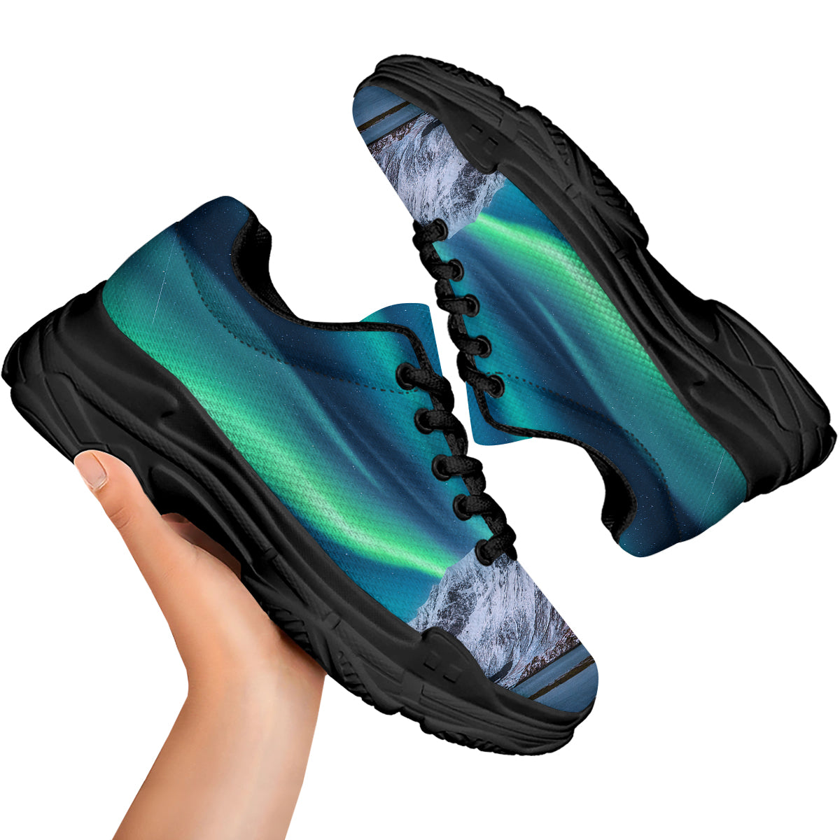 Aurora Green Northern Lights Print Black Chunky Shoes-grizzshop