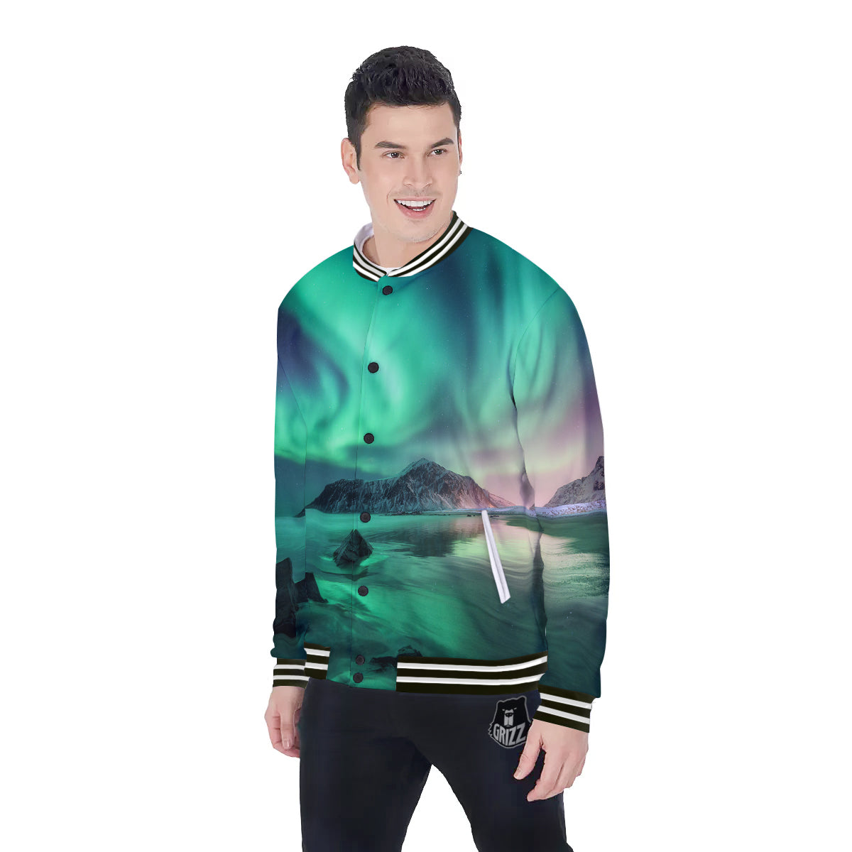 Aurora Northern Lights Print Baseball Jacket-grizzshop