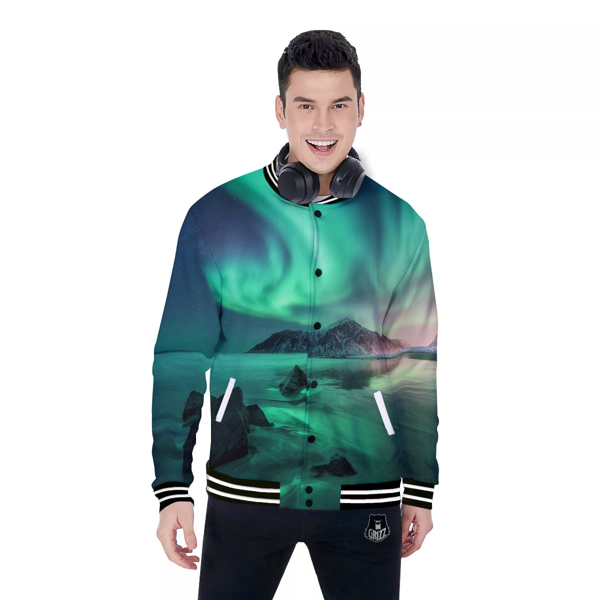 Aurora Northern Lights Print Baseball Jacket-grizzshop