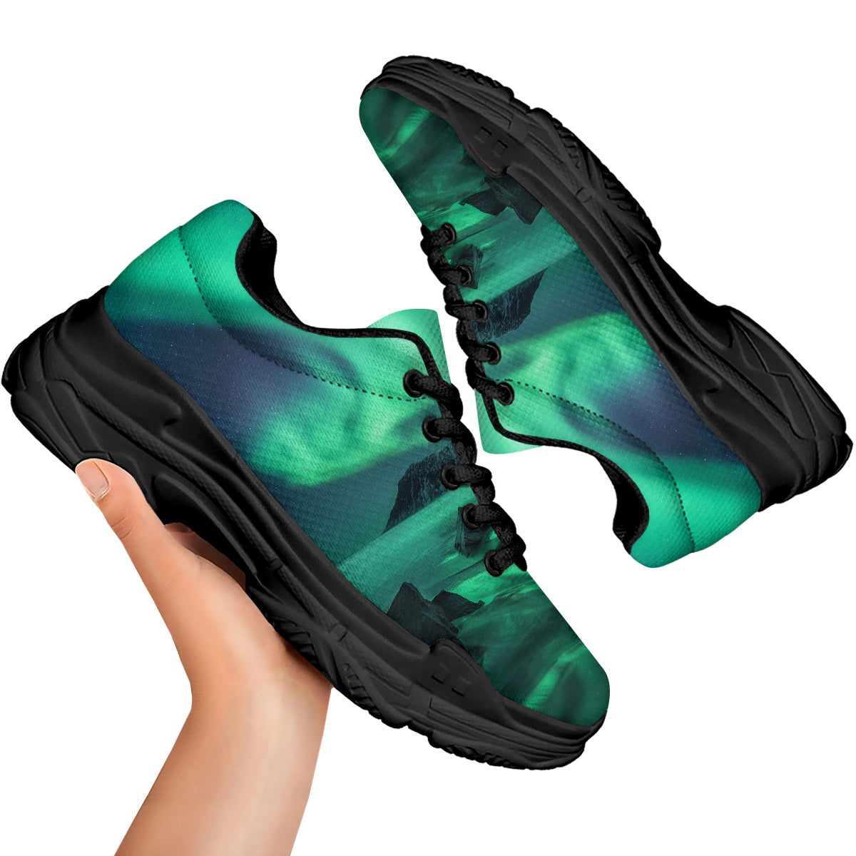 Aurora Northern Lights Print Black Chunky Shoes-grizzshop