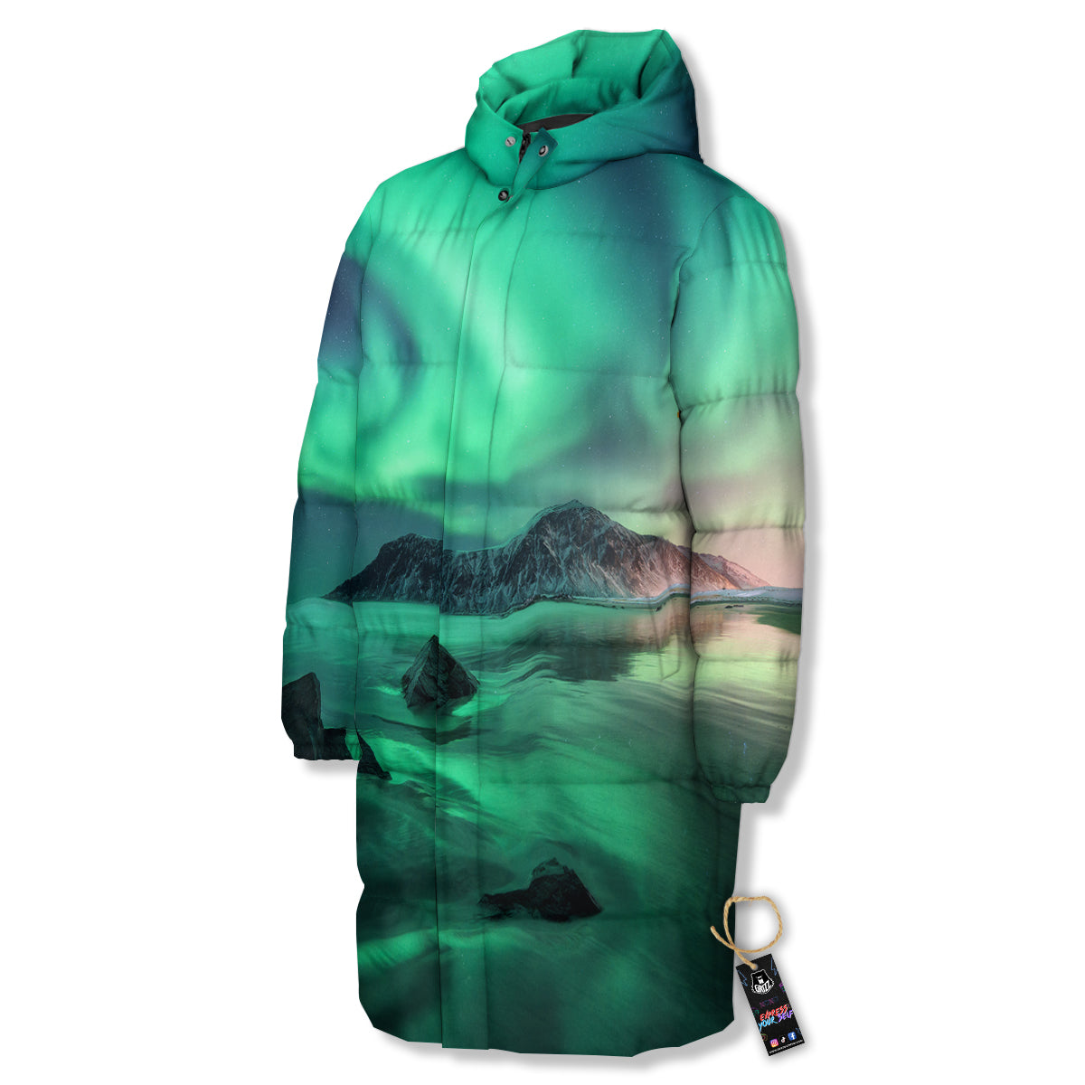 Aurora Northern Lights Print Long Down Jacket-grizzshop