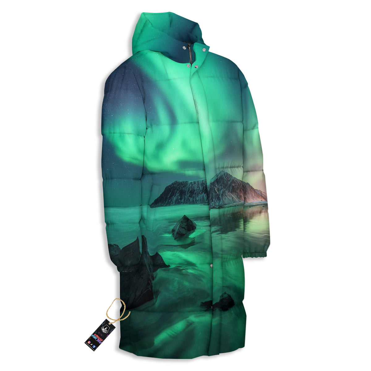 Aurora Northern Lights Print Long Down Jacket-grizzshop