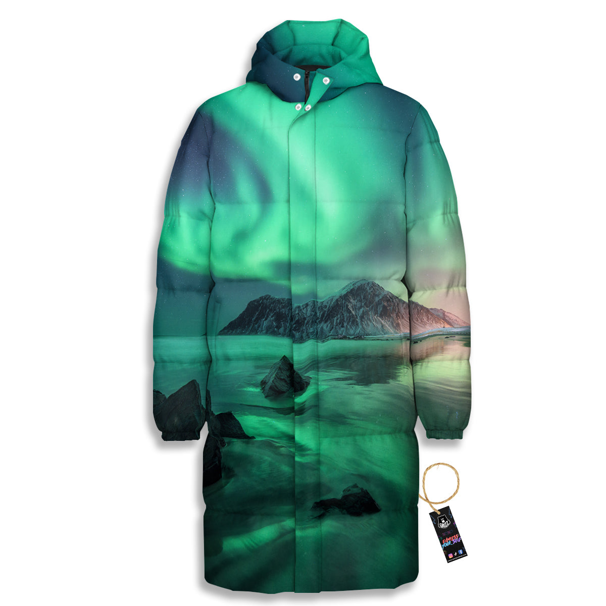 Aurora Northern Lights Print Long Down Jacket-grizzshop