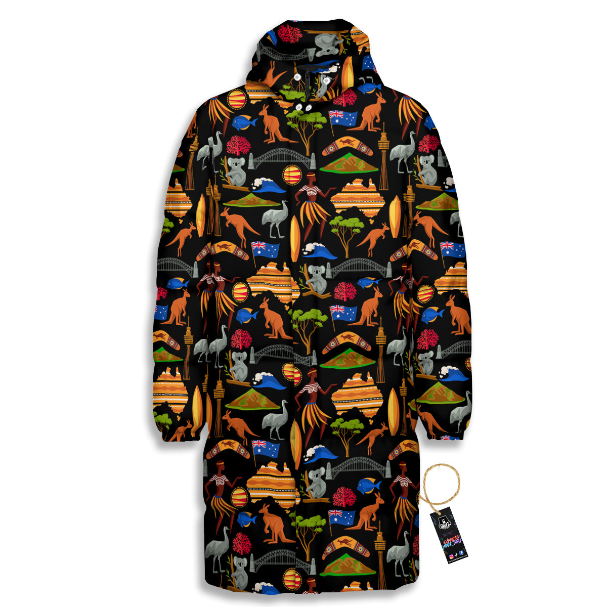 Australia Symbols Print Pattern Long Down Jacket-grizzshop