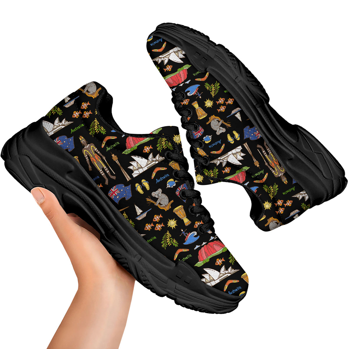 Australia Theme Print Pattern Black Chunky Shoes-grizzshop