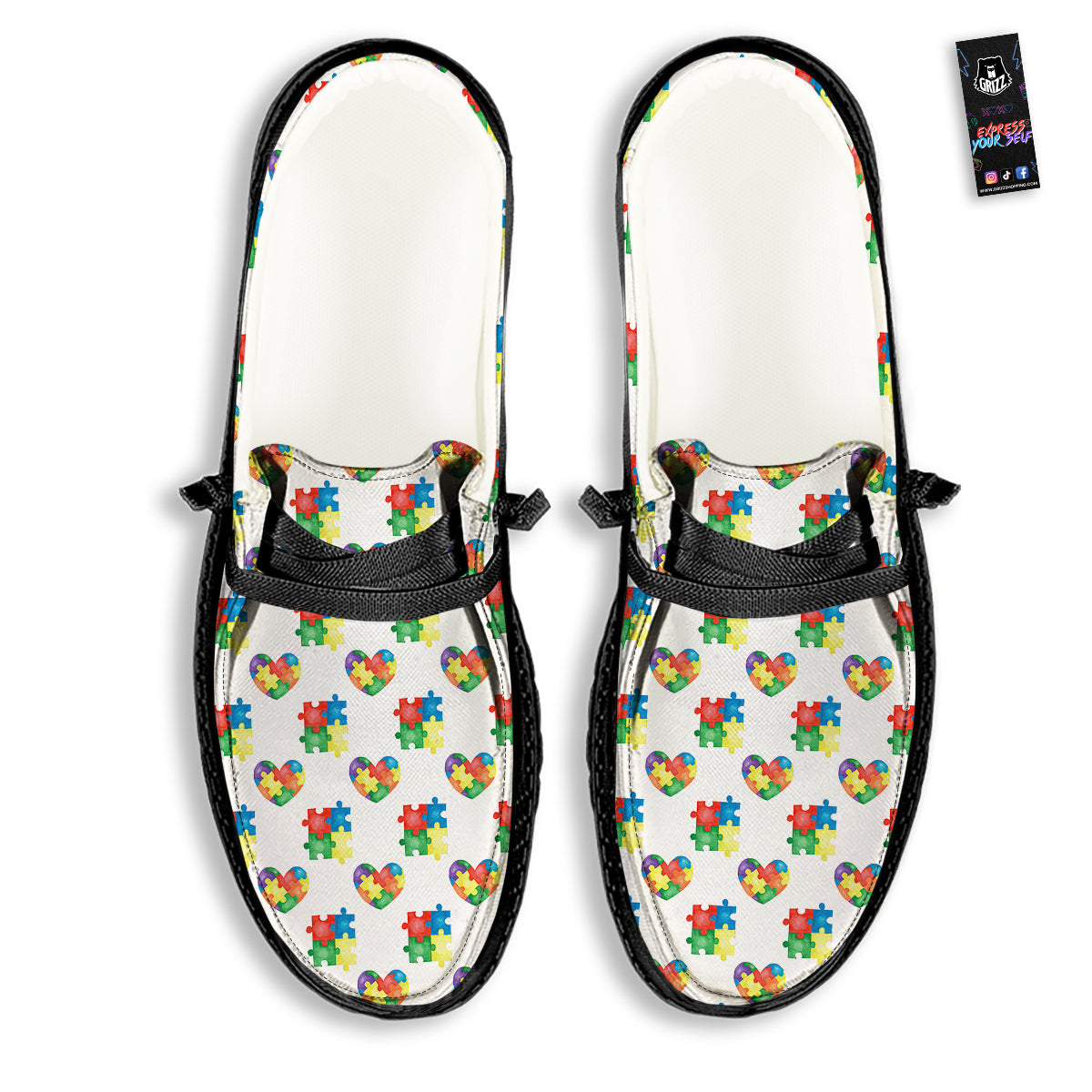 Autism Awareness Heart Print Pattern Black Loafers-grizzshop