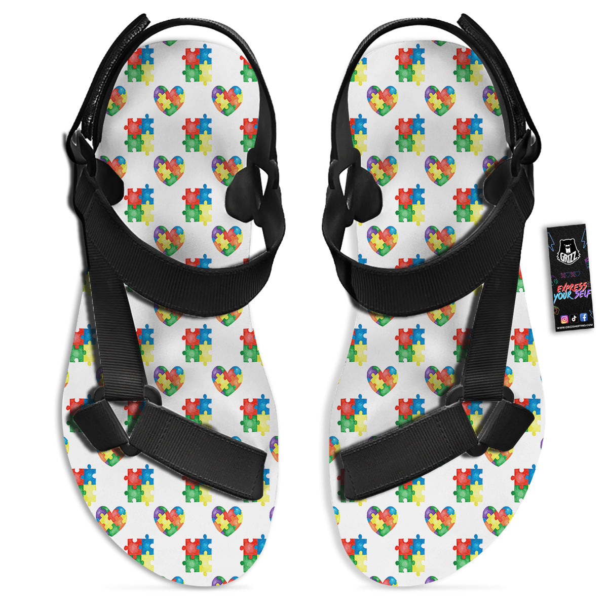 Autism Awareness Heart Print Pattern Black Open Toe Sandals-grizzshop