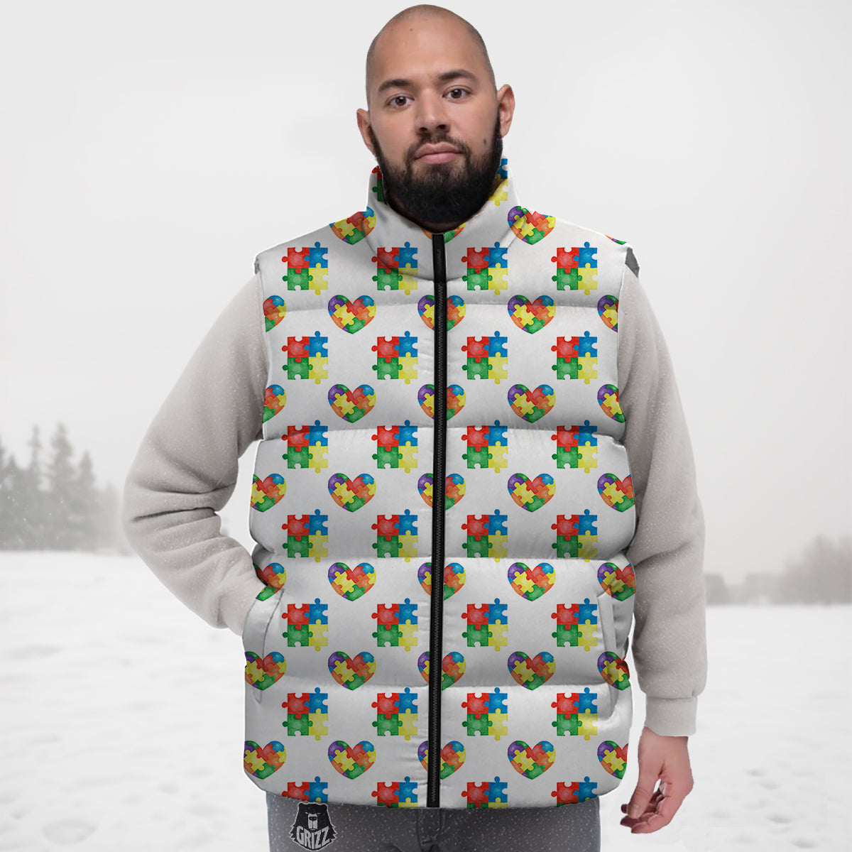 Autism Awareness Heart Print Pattern Down Vest