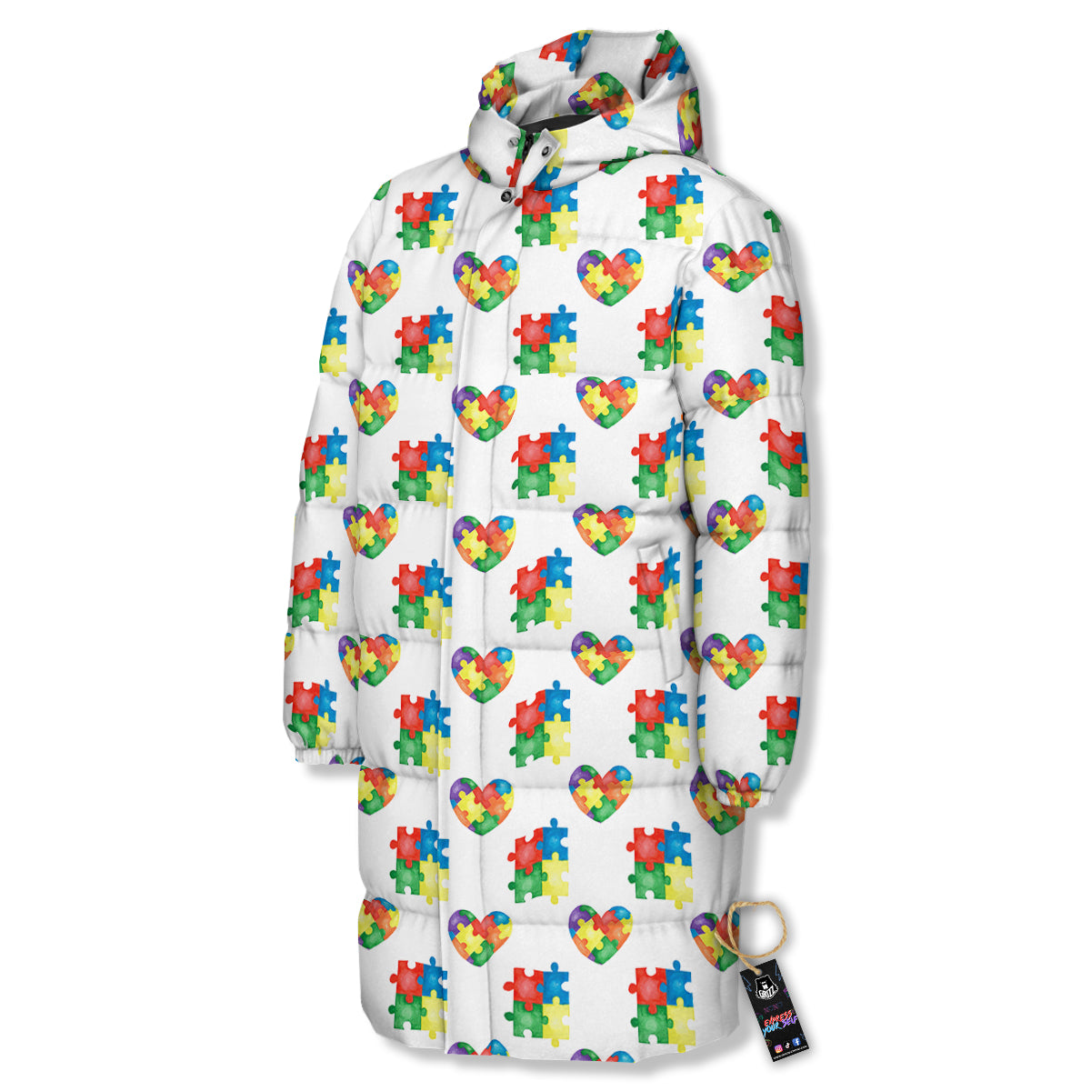 Autism Awareness Heart Print Pattern Long Down Jacket-grizzshop
