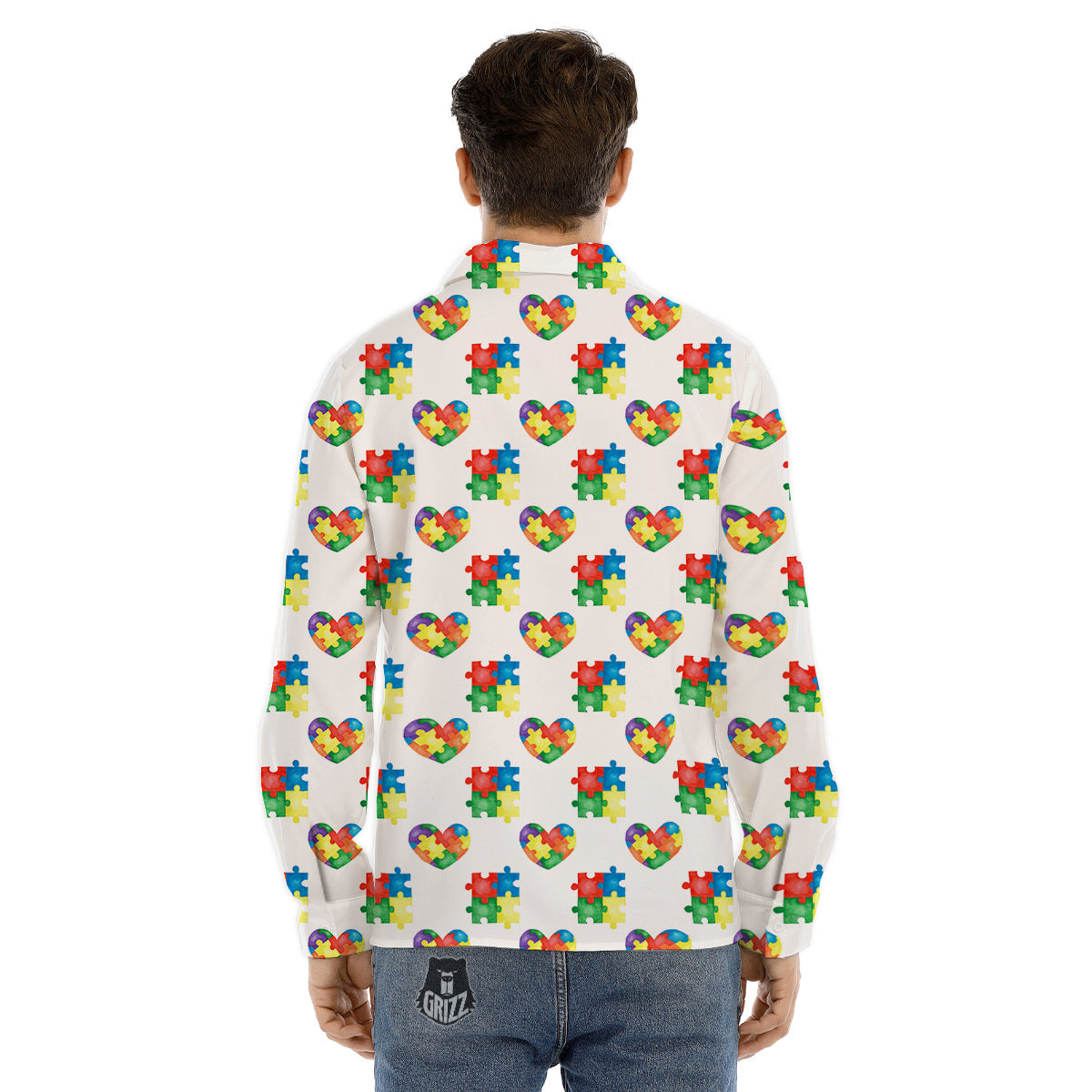 Autism Awareness Heart Print Pattern Men's Dress Shirts-grizzshop