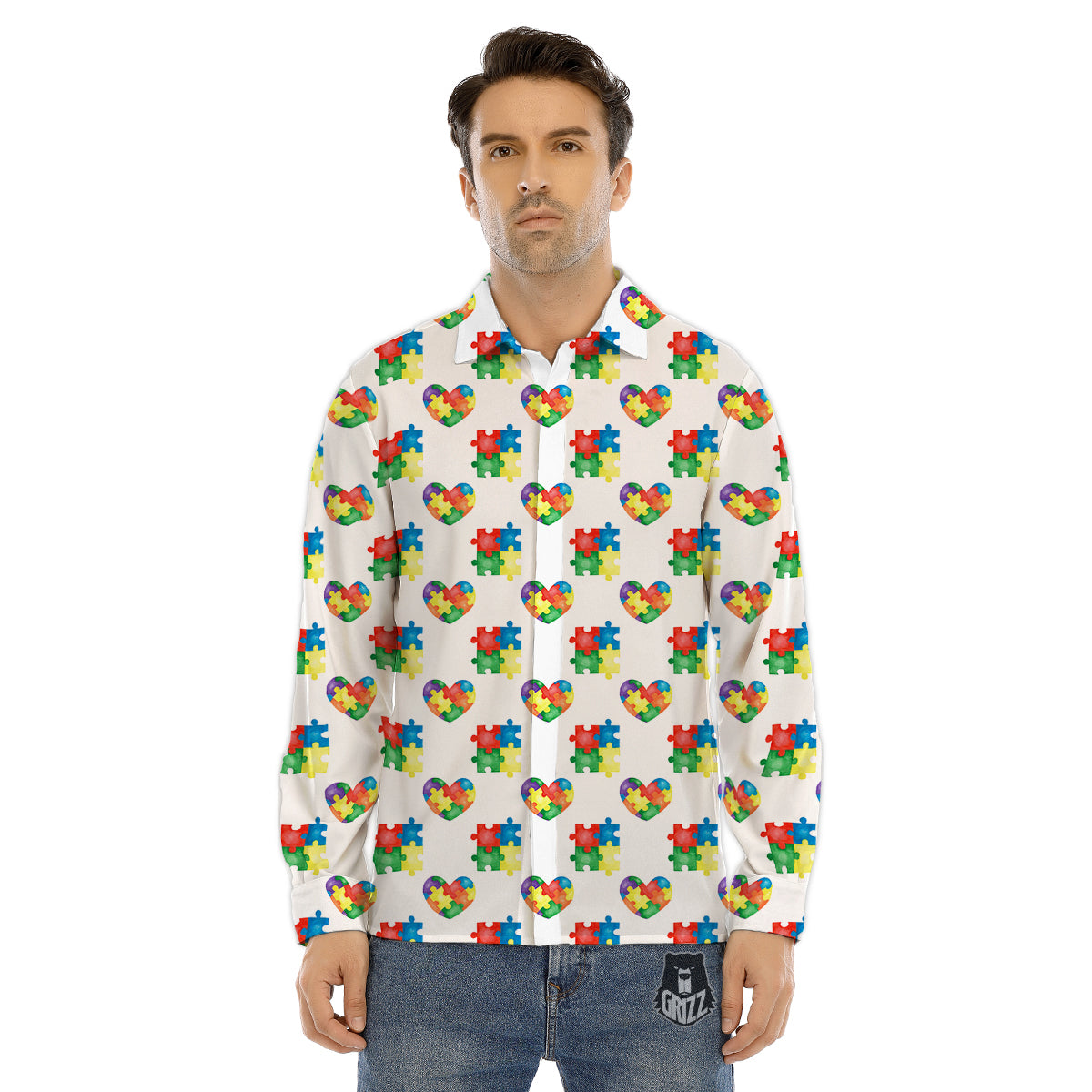 Autism Awareness Heart Print Pattern Men's Dress Shirts-grizzshop