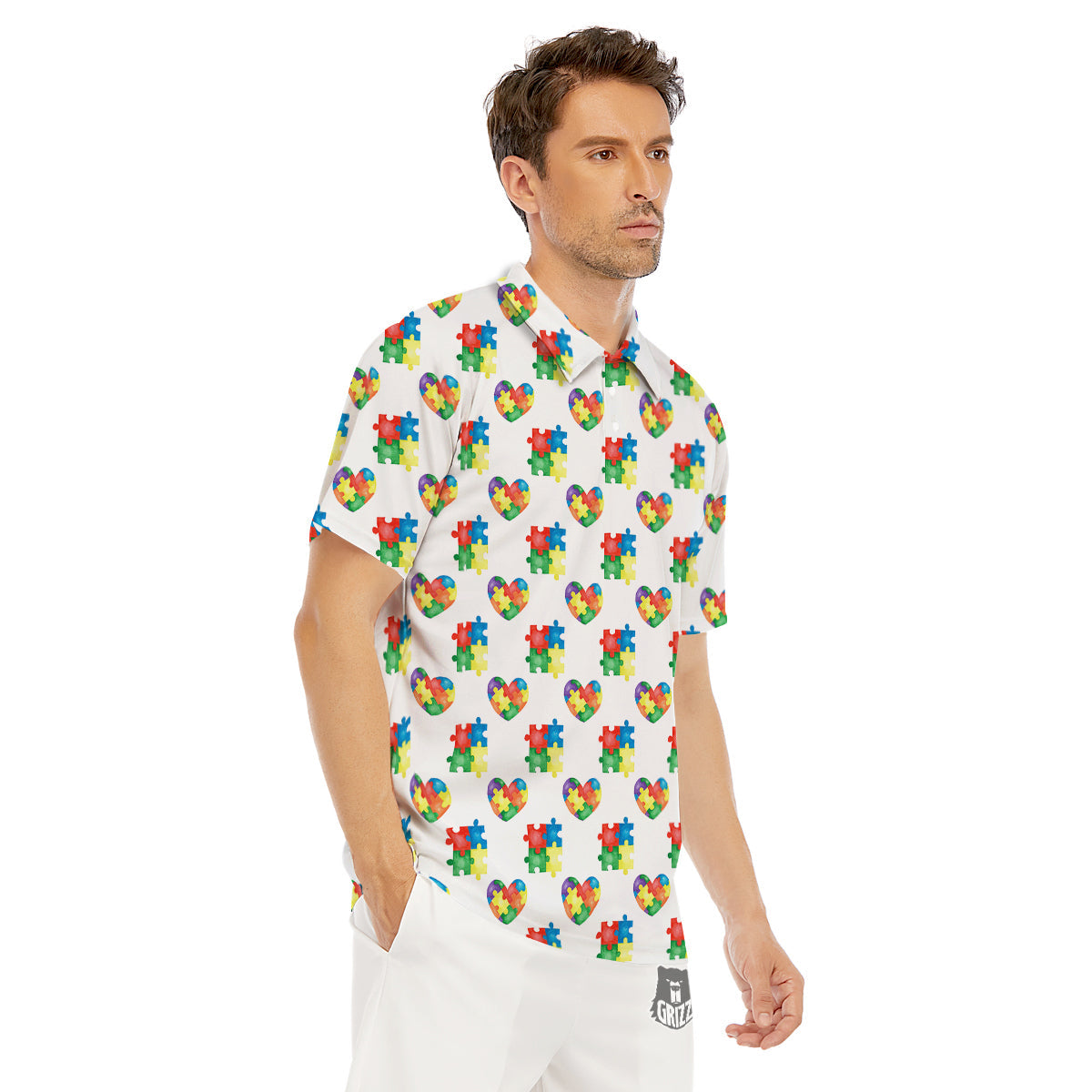 Autism Awareness Heart Print Pattern Men's Golf Shirts-grizzshop