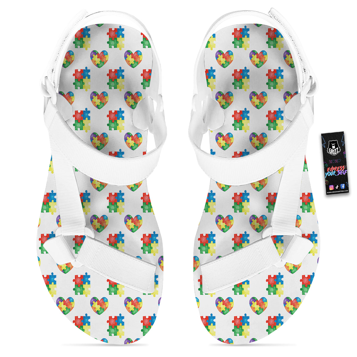 Autism Awareness Heart Print Pattern White Open Toe Sandals-grizzshop