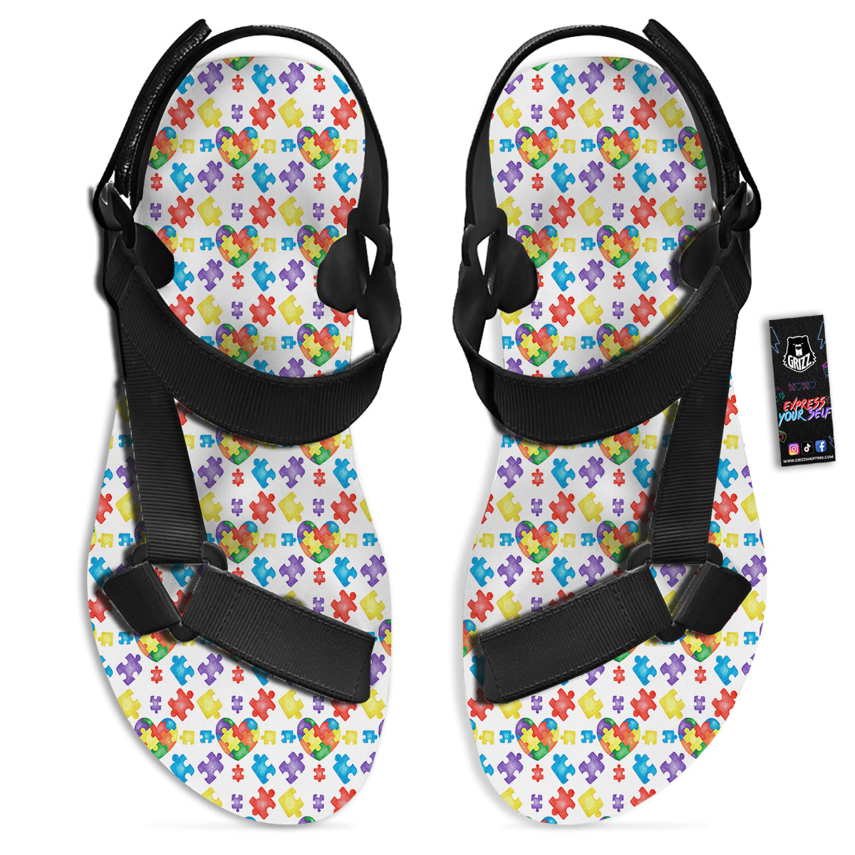 Autism Awareness Print Pattern Black Open Toe Sandals-grizzshop