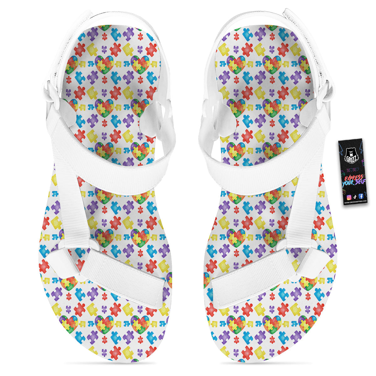 Autism Awareness Print Pattern White Open Toe Sandals-grizzshop