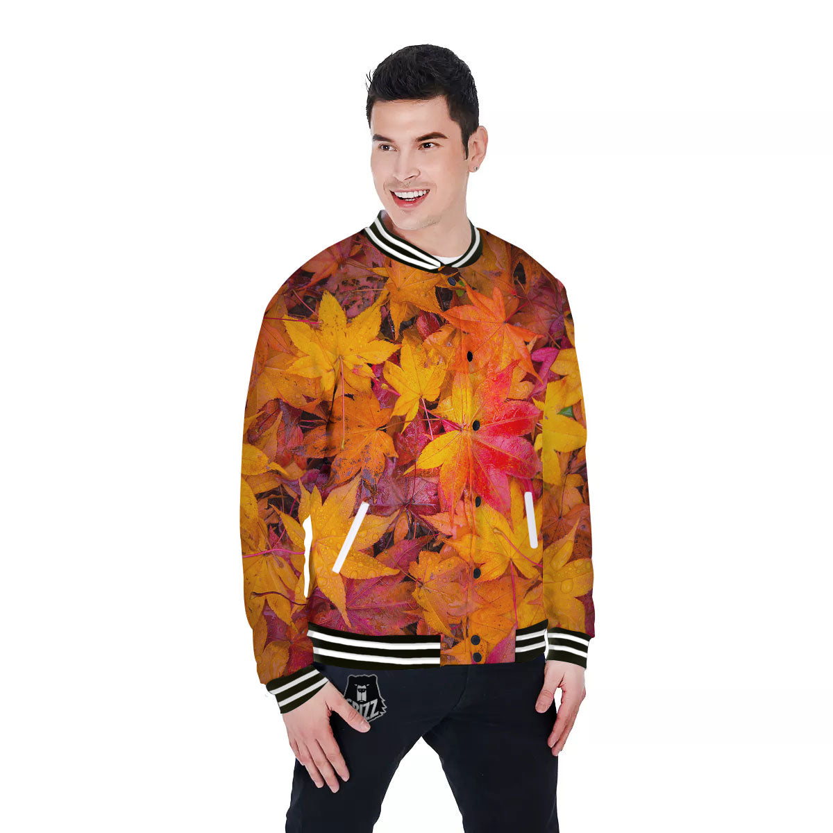 Autumn Leaves Print Baseball Jacket-grizzshop