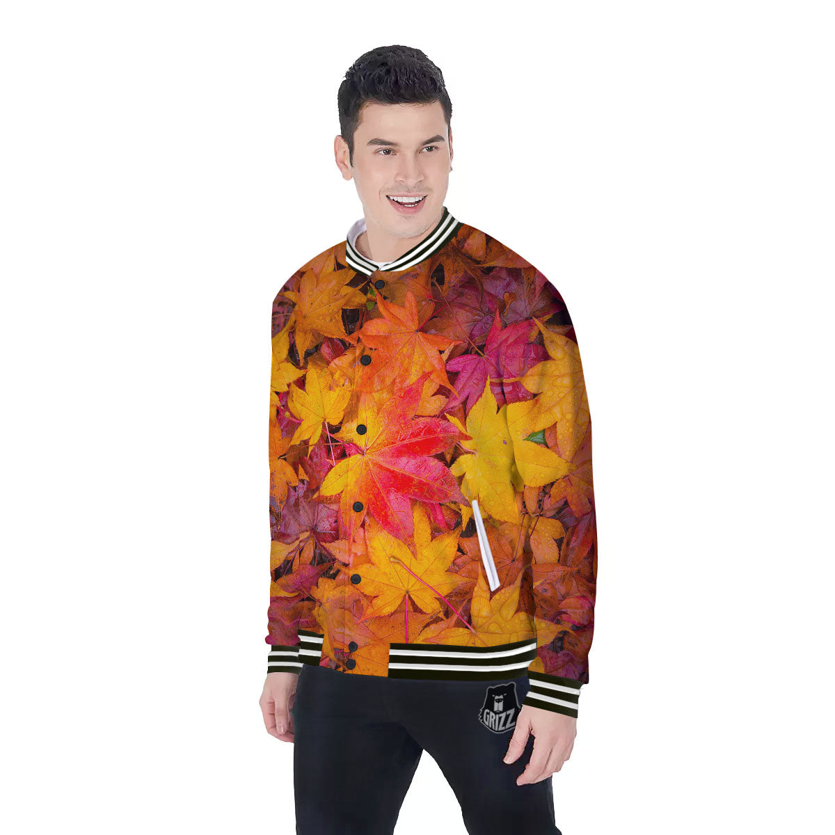 Autumn Leaves Print Baseball Jacket-grizzshop