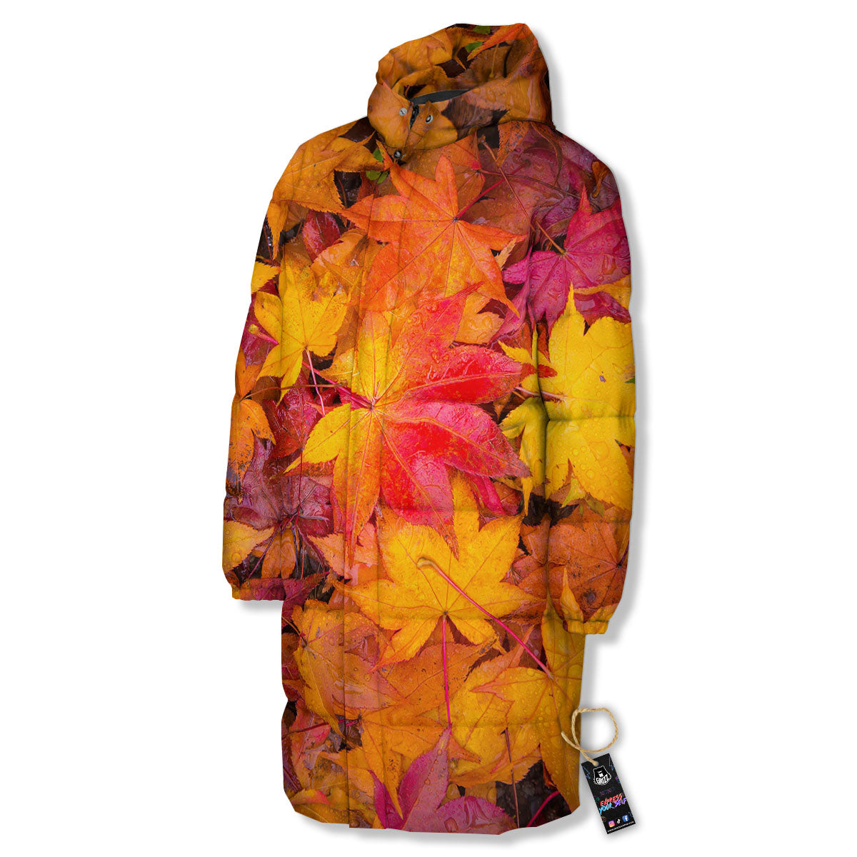 Autumn Leaves Print Long Down Jacket-grizzshop