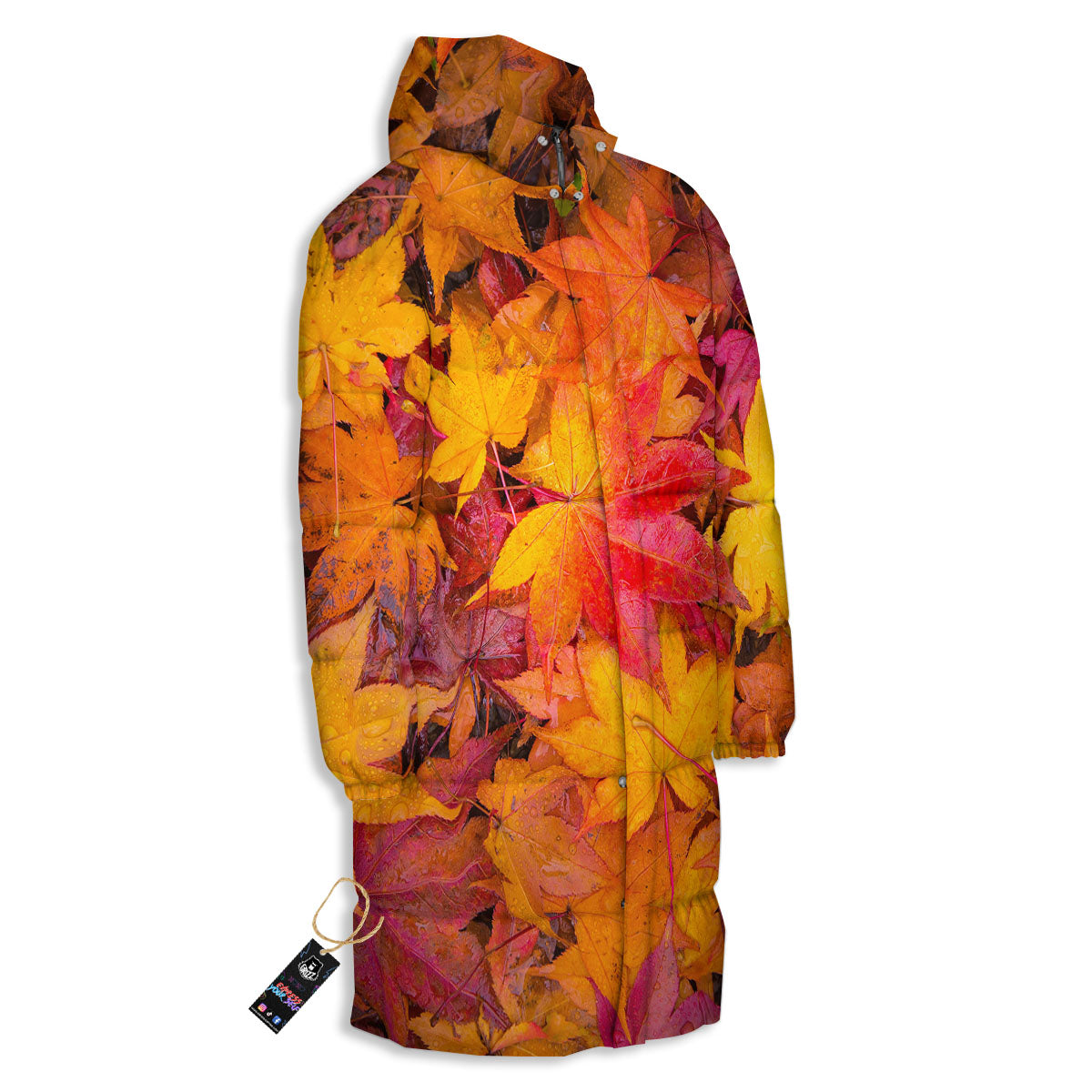 Autumn Leaves Print Long Down Jacket-grizzshop