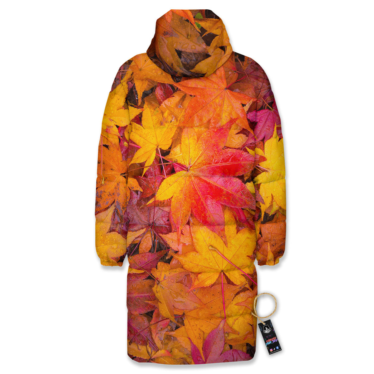 Autumn Leaves Print Long Down Jacket-grizzshop