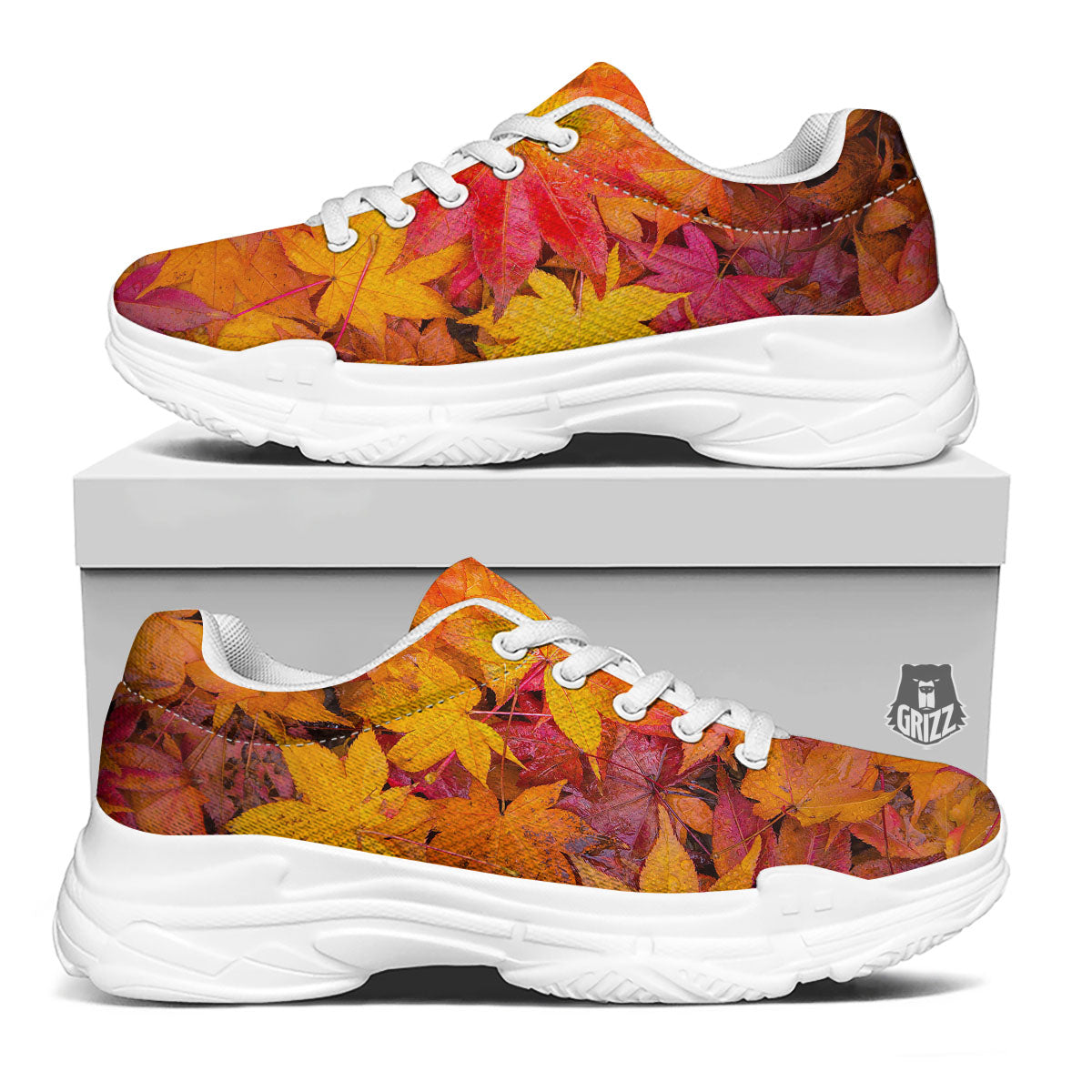 Autumn Leaves Print White Chunky Shoes-grizzshop