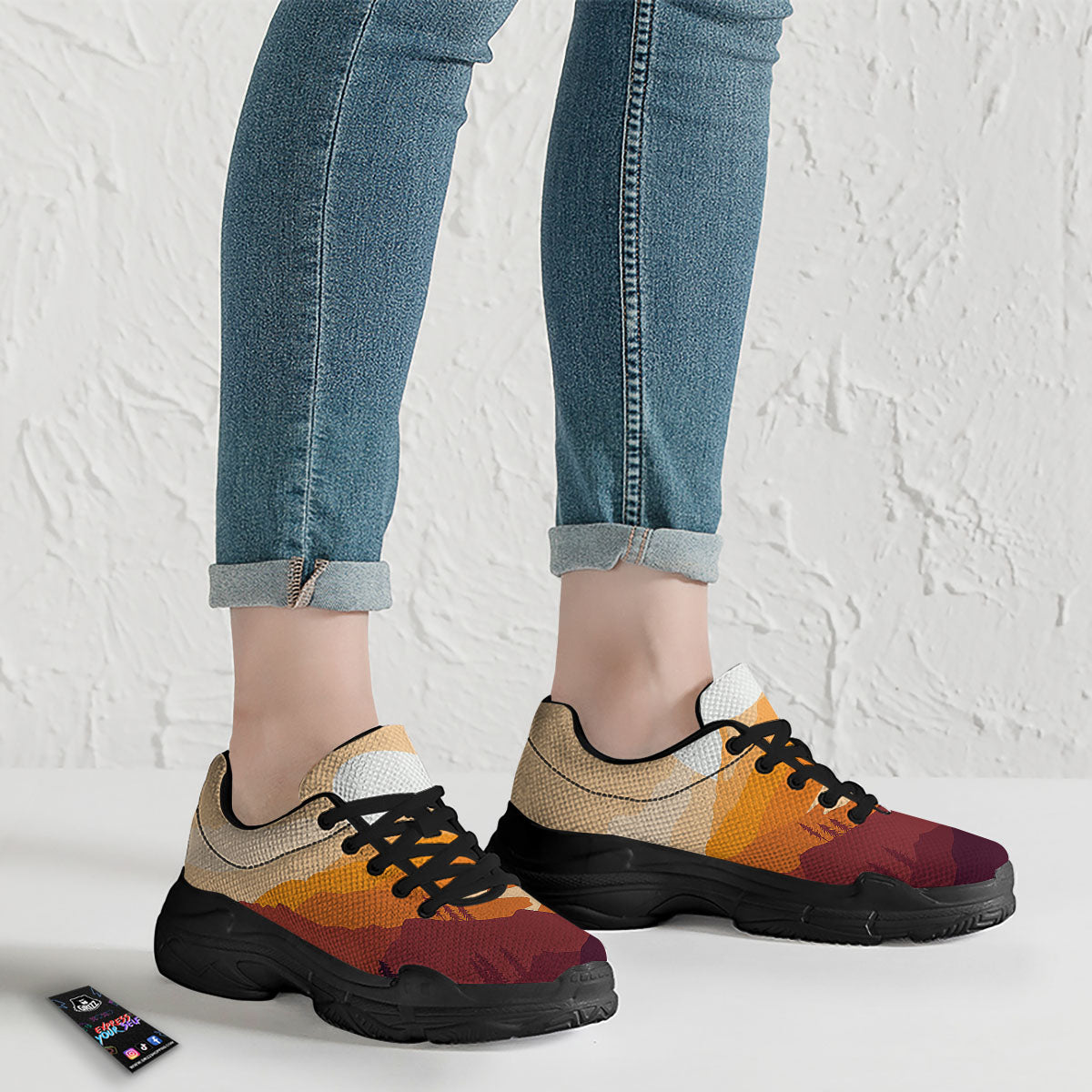 Autumn Mountains Sunset Print Black Chunky Shoes-grizzshop