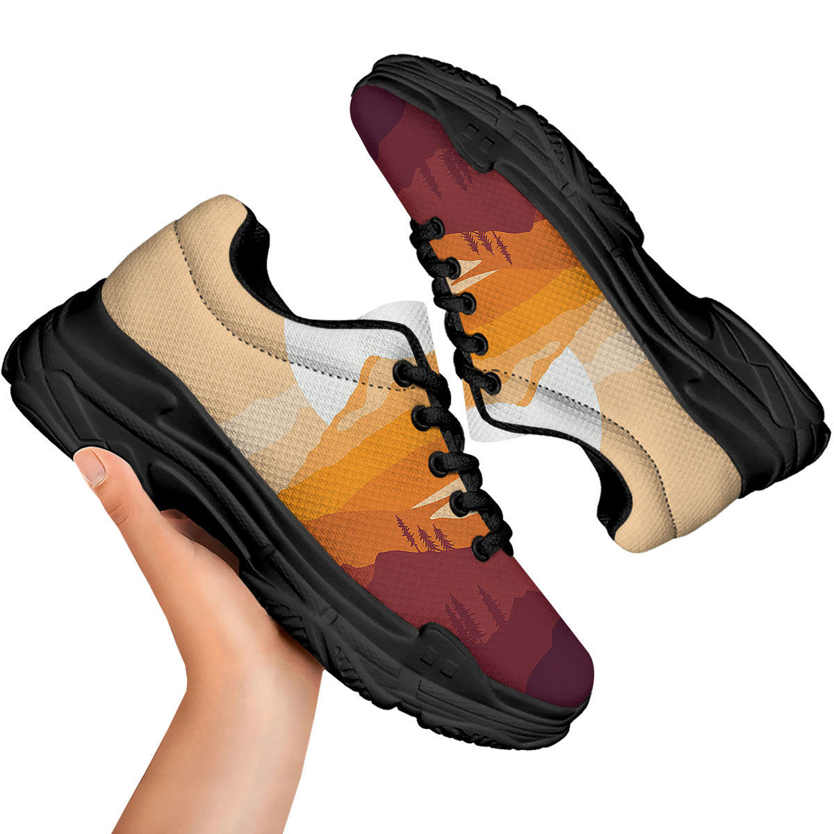 Autumn Mountains Sunset Print Black Chunky Shoes-grizzshop