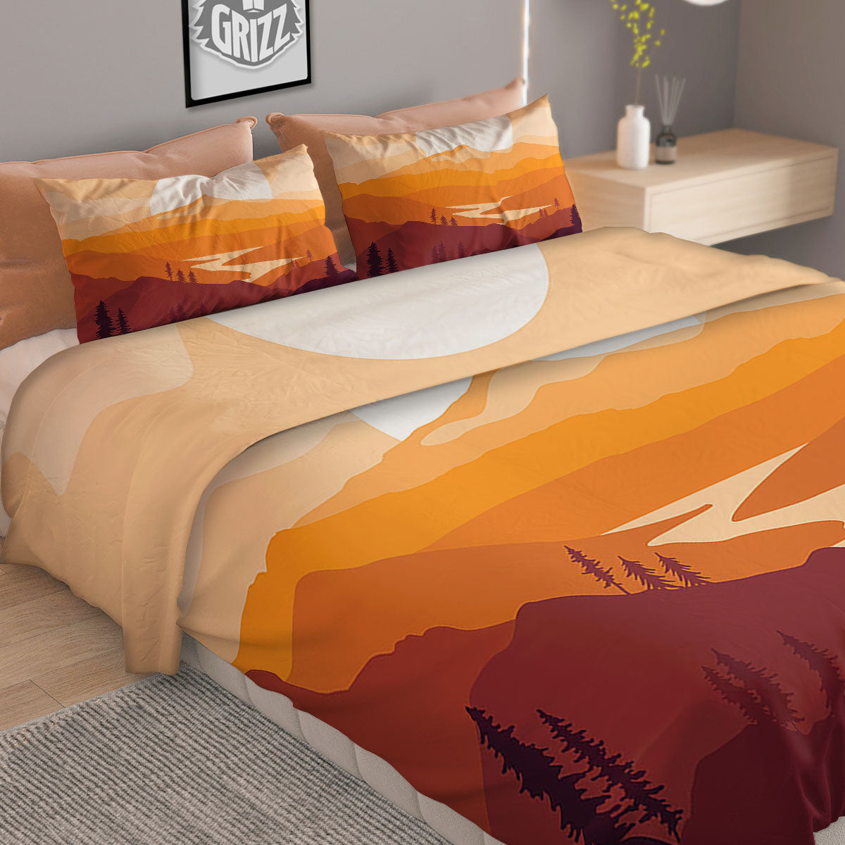 Autumn Mountains Sunset Print Duvet Cover Bedding Set