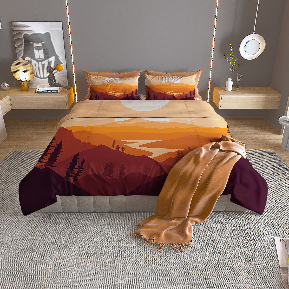 Autumn Mountains Sunset Print Duvet Cover Bedding Set