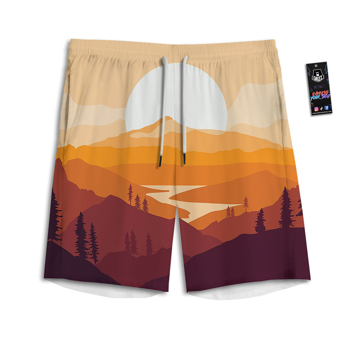 Autumn Mountains Sunset Print Men's Athletic Shorts