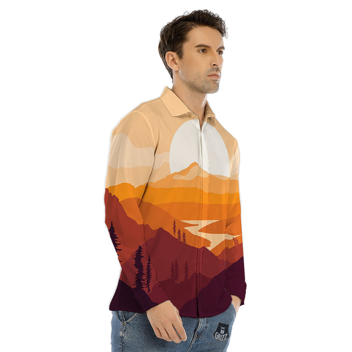 Autumn Mountains Sunset Print Men's Dress Shirts-grizzshop