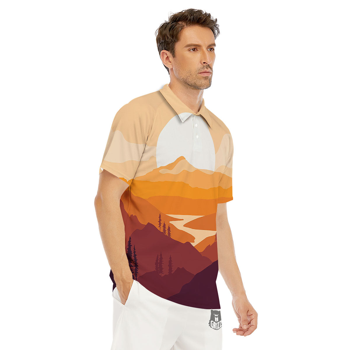 Autumn Mountains Sunset Print Men's Golf Shirts-grizzshop