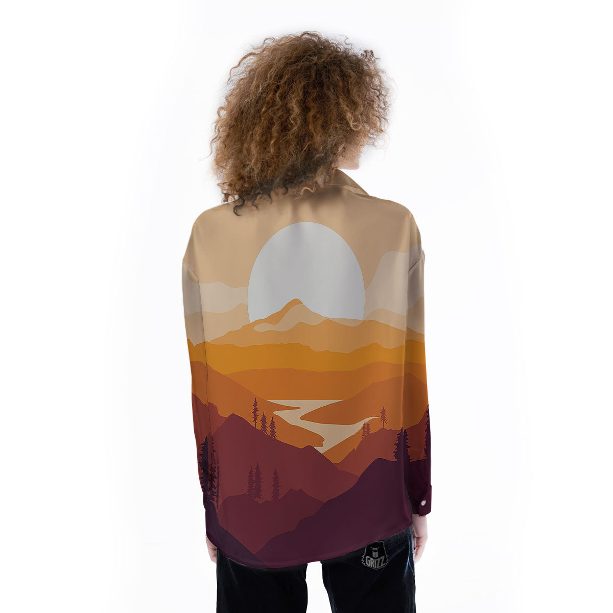 Autumn Mountains Sunset Print Women's Long Sleeve Shirts-grizzshop