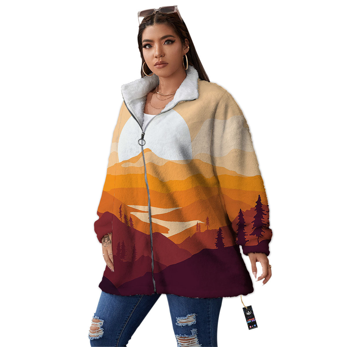 Autumn Mountains Sunset Print Women's Sherpa Jacket-grizzshop