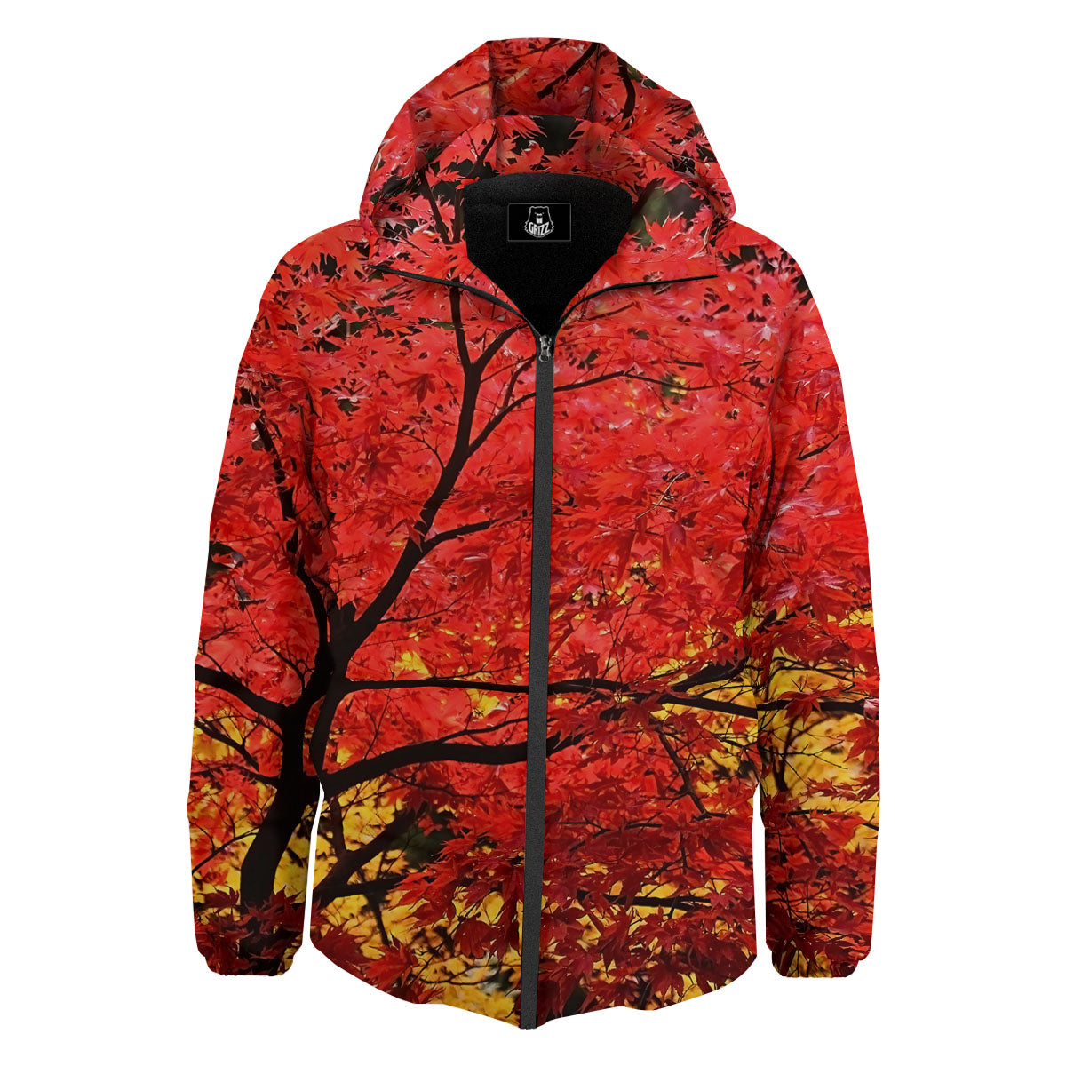 Autumn Trees Red Print Down Jacket-grizzshop