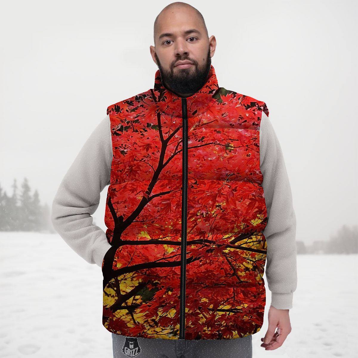Autumn Trees Red Print Down Vest