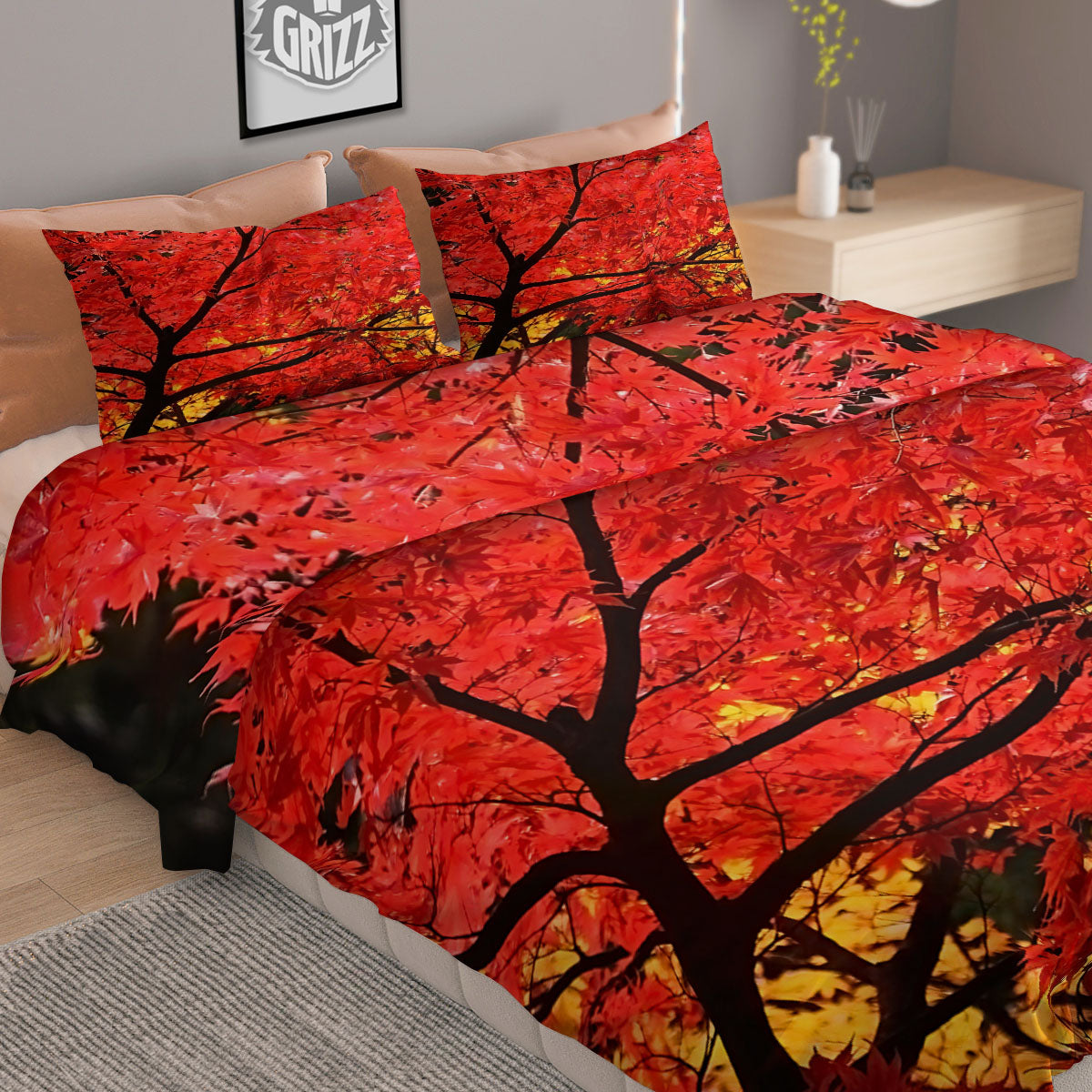 Autumn Trees Red Print Duvet Cover Bedding Set