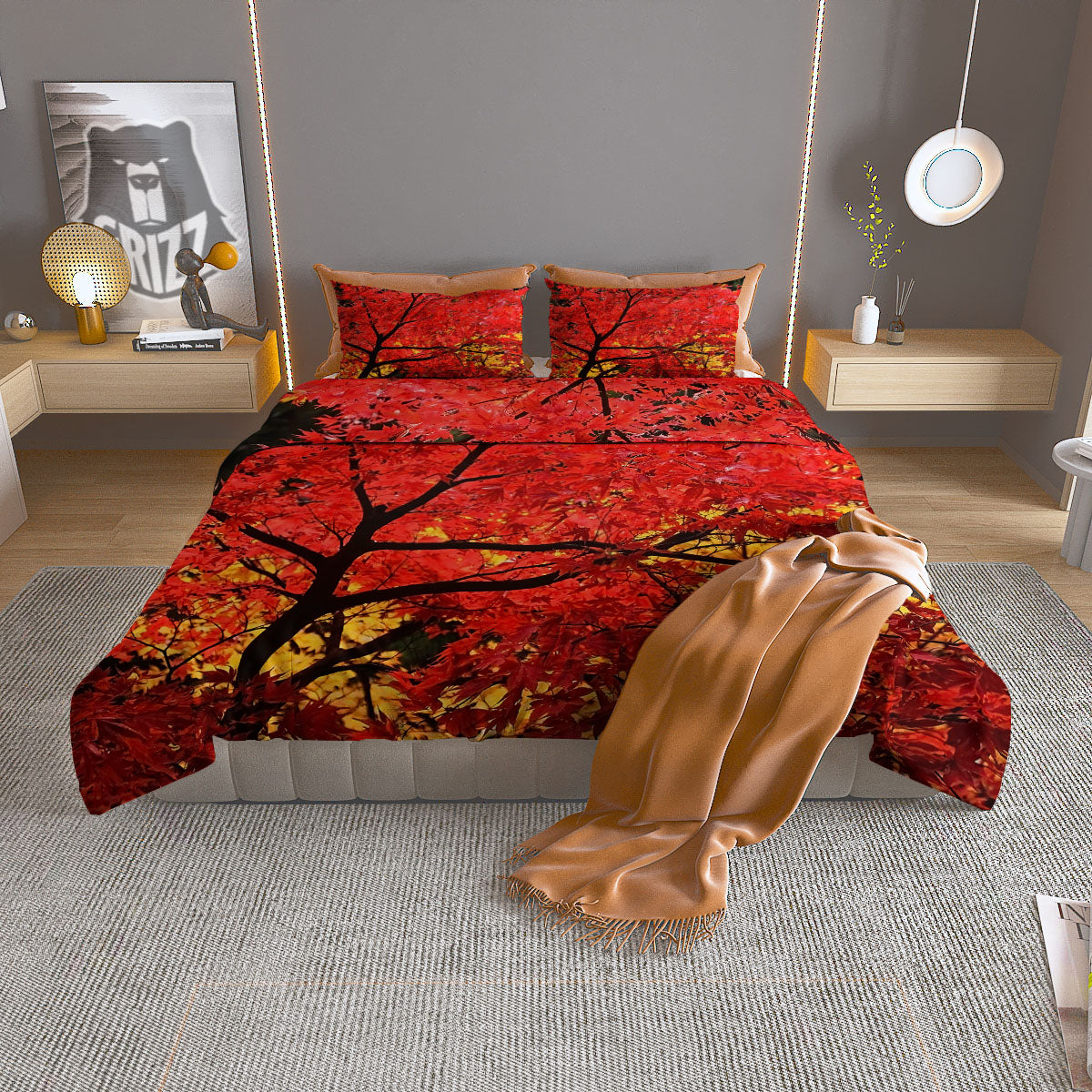 Autumn Trees Red Print Duvet Cover Bedding Set