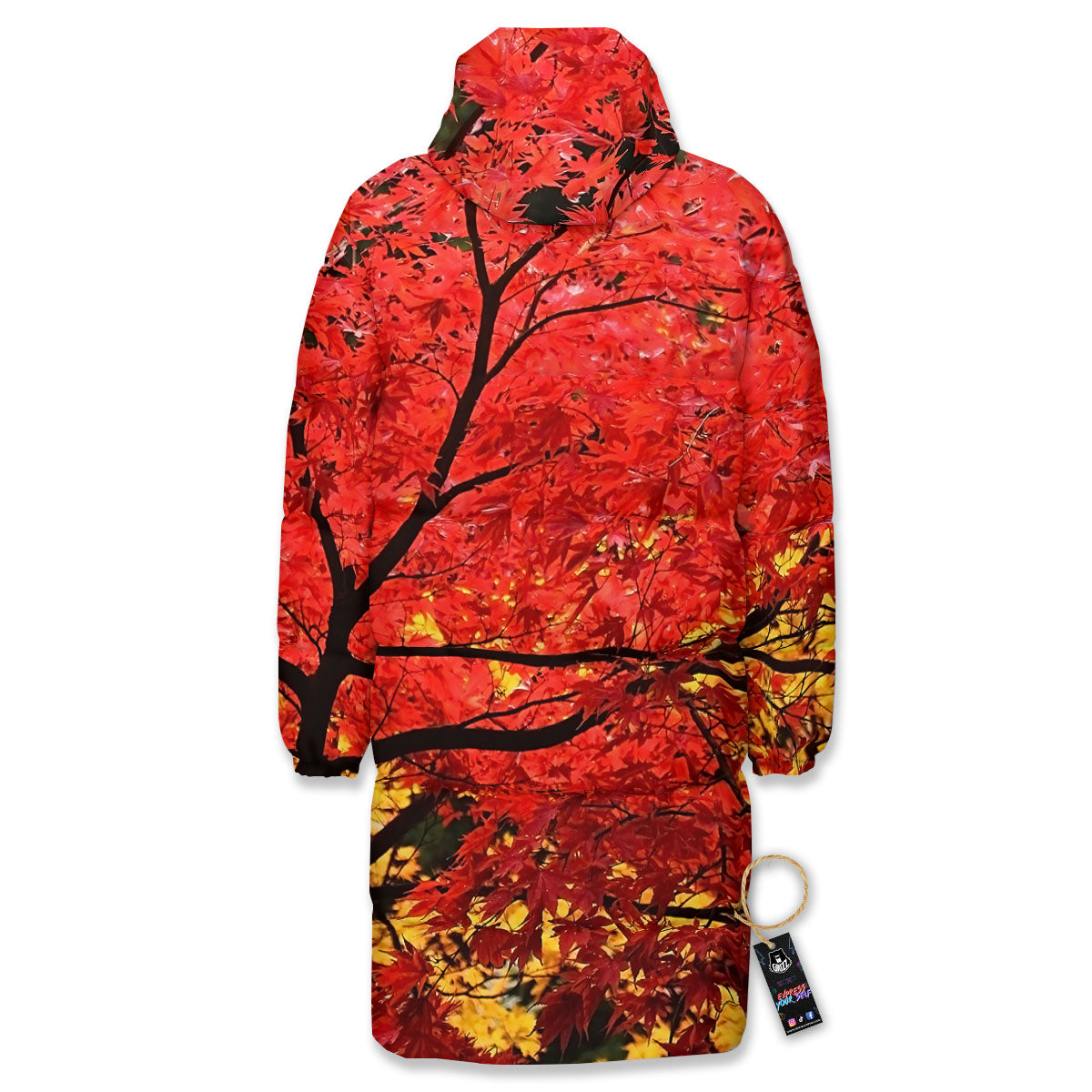 Autumn Trees Red Print Long Down Jacket-grizzshop