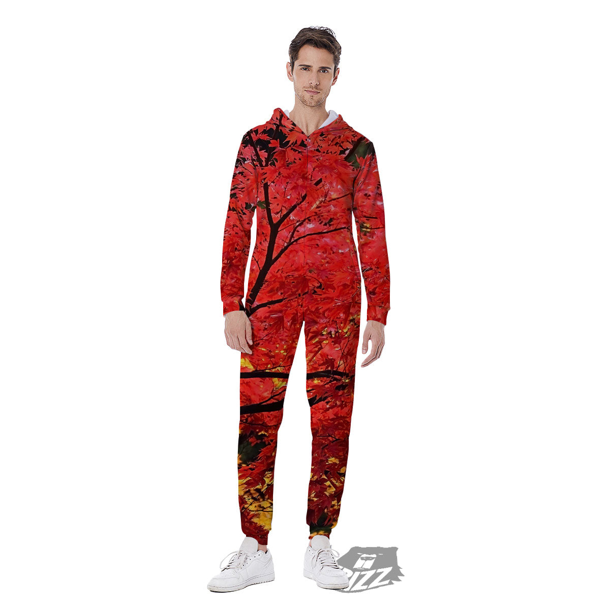 Autumn Trees Red Print Men's Jumpsuit-grizzshop