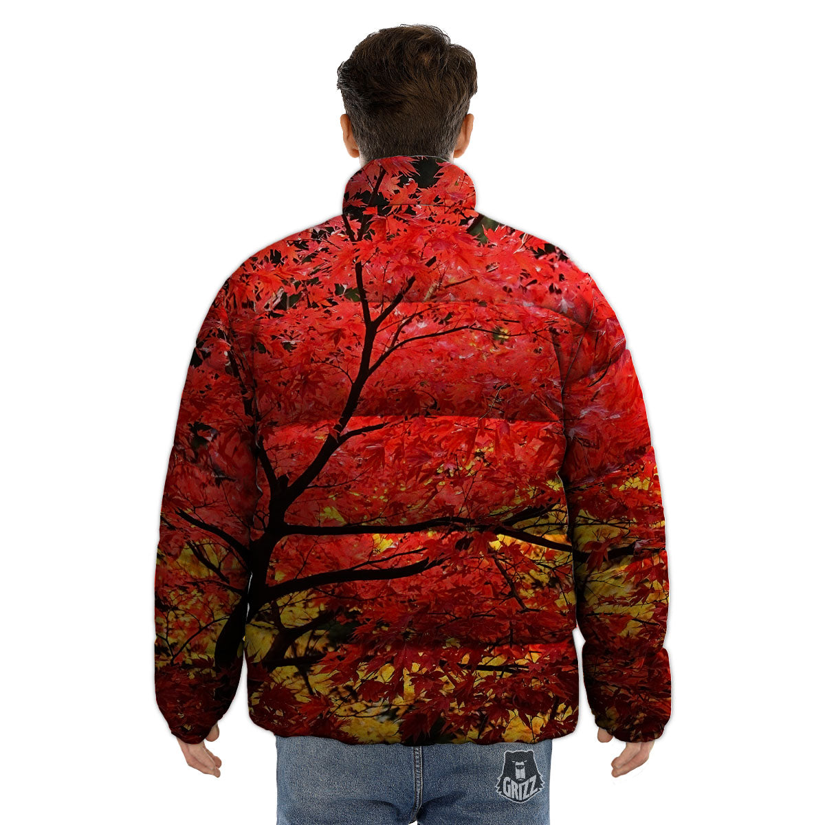 Autumn Trees Red Print Puffer Jacket-grizzshop
