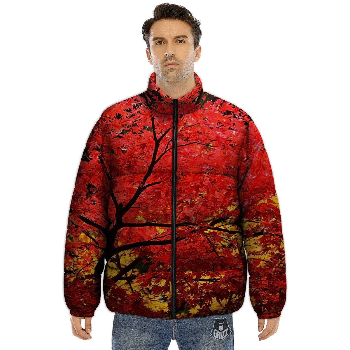 Autumn Trees Red Print Puffer Jacket-grizzshop